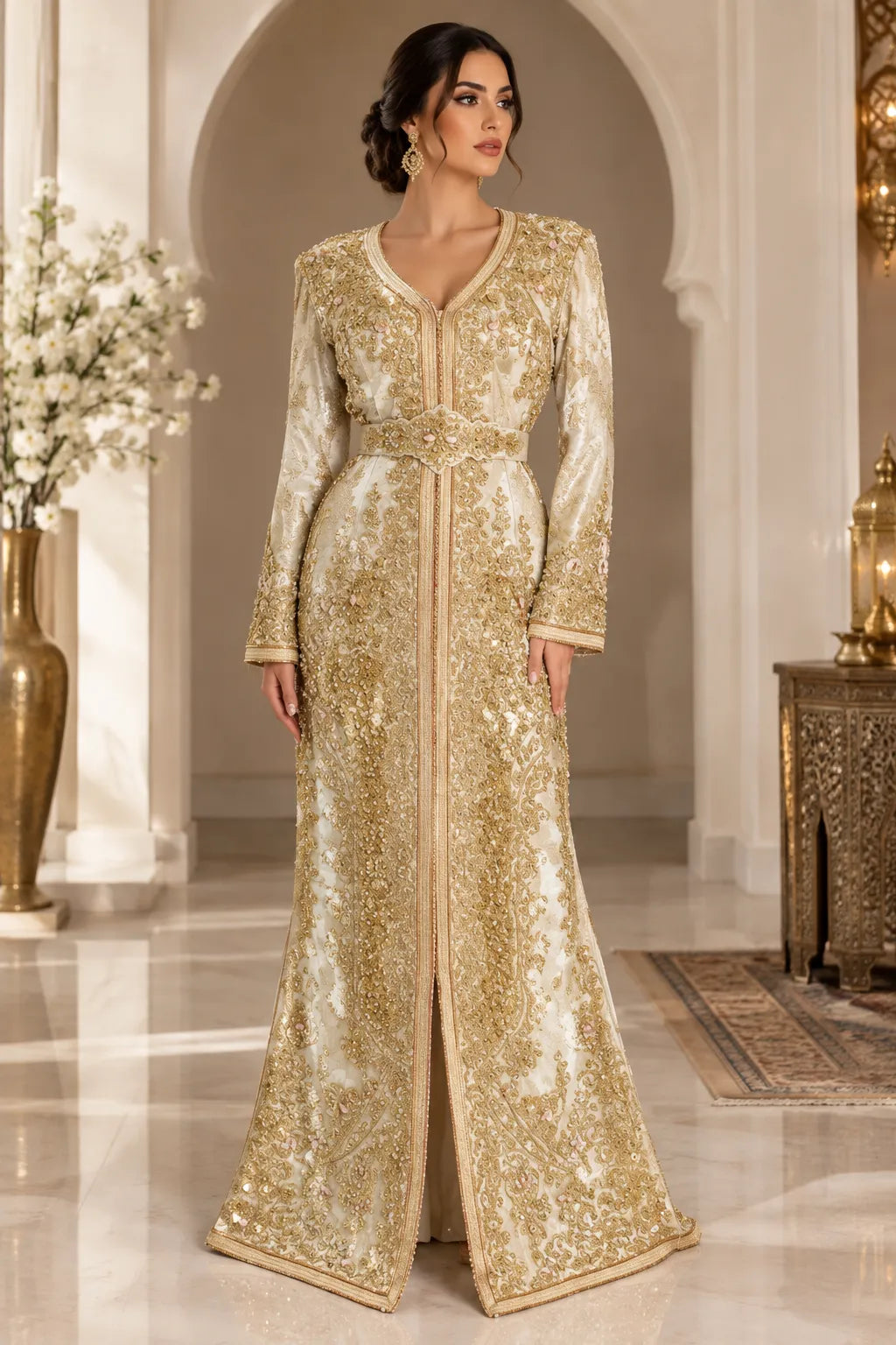 Taqlidi – Golden Embroidered Moroccan Traditional Caftan | Robedumarie
