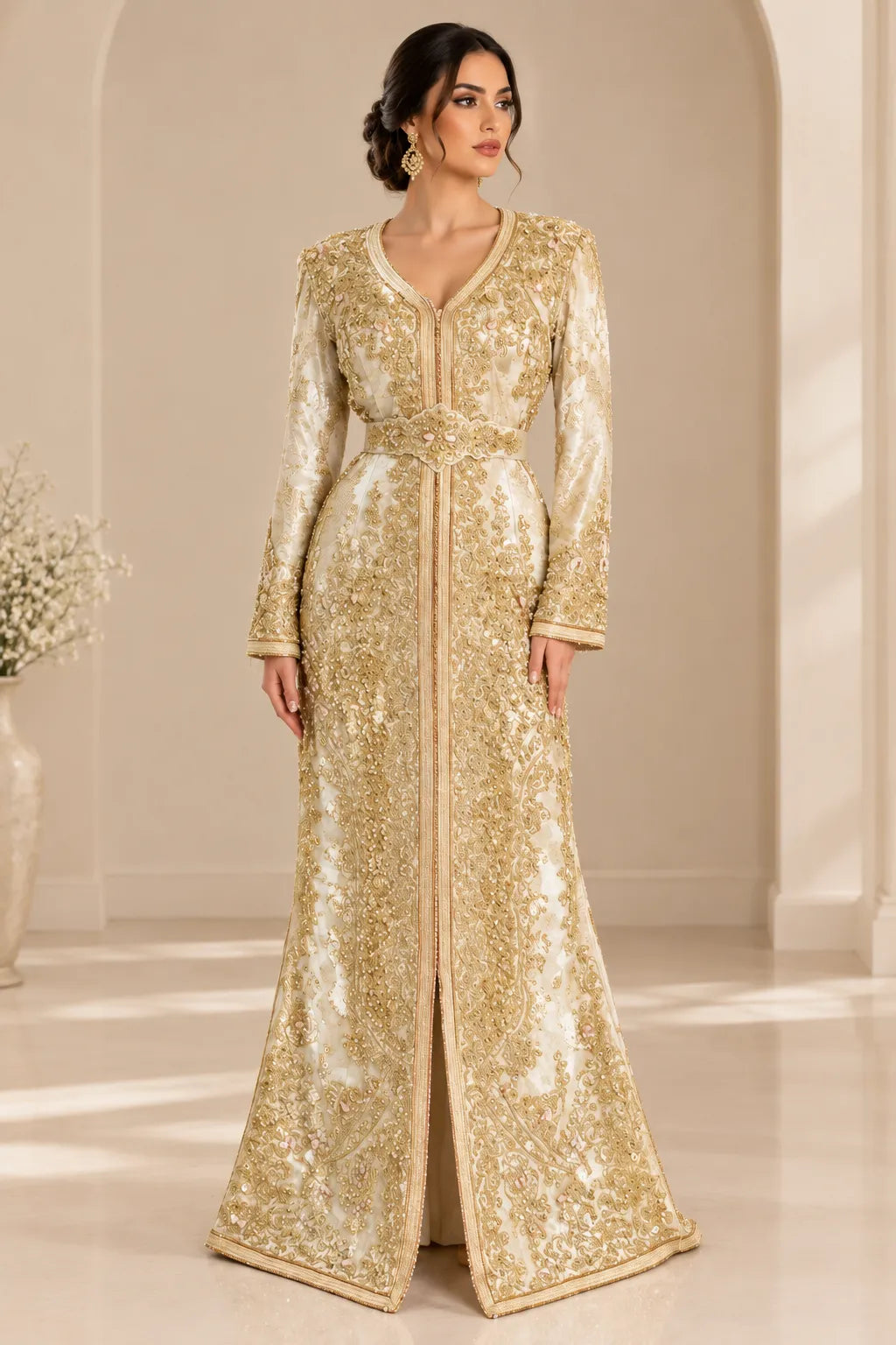 Taqlidi – Golden Embroidered Moroccan Traditional Caftan | Robedumarie