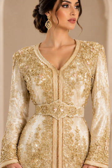 Taqlidi – Golden Embroidered Moroccan Traditional Caftan | Robedumarie